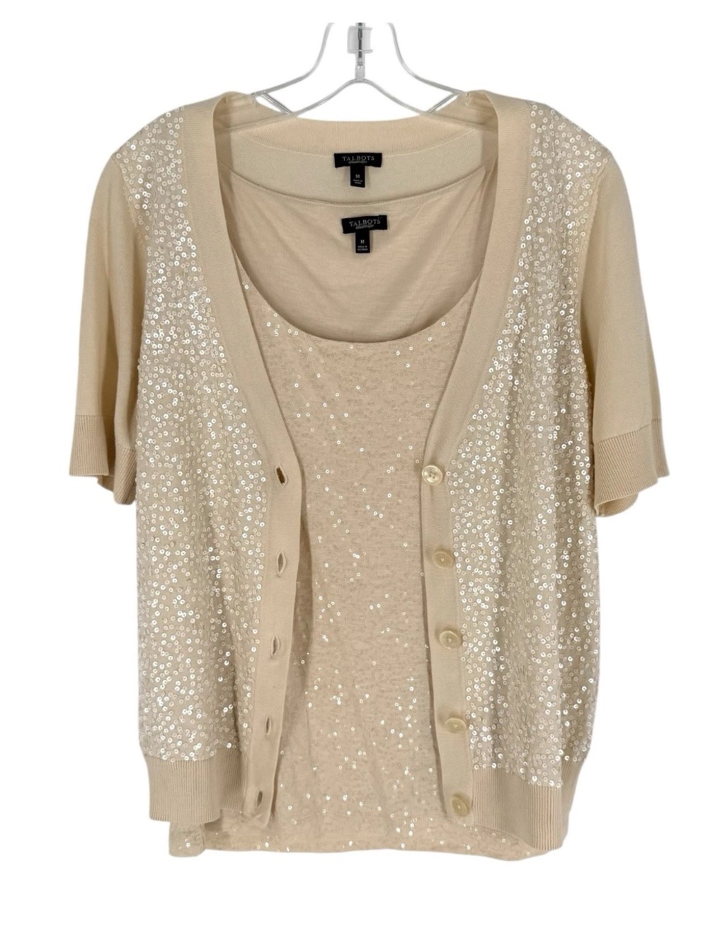 Talbots Sequin Twinset Womens Size Medium Ivory Beige Tank Short Sleeve Cardigan